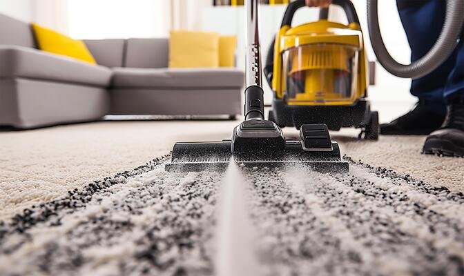 Close-up on a professional cleaner vacuuming a carpet while working at an apartment - housework concepts, carpet cleaning in dallas, carpet cleaning
